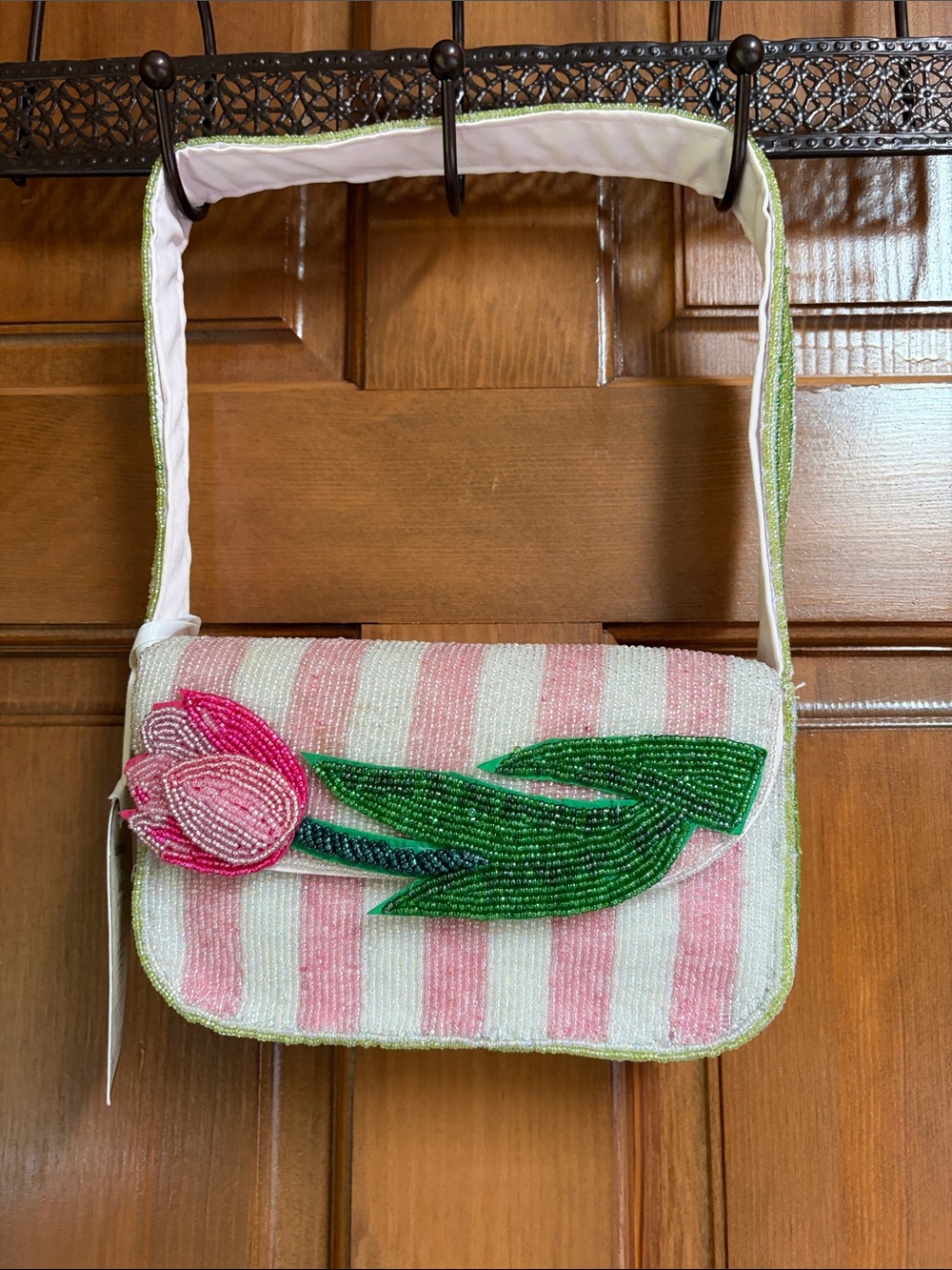 Handmade in India Beaded Pink Tulip Shoulder Bag